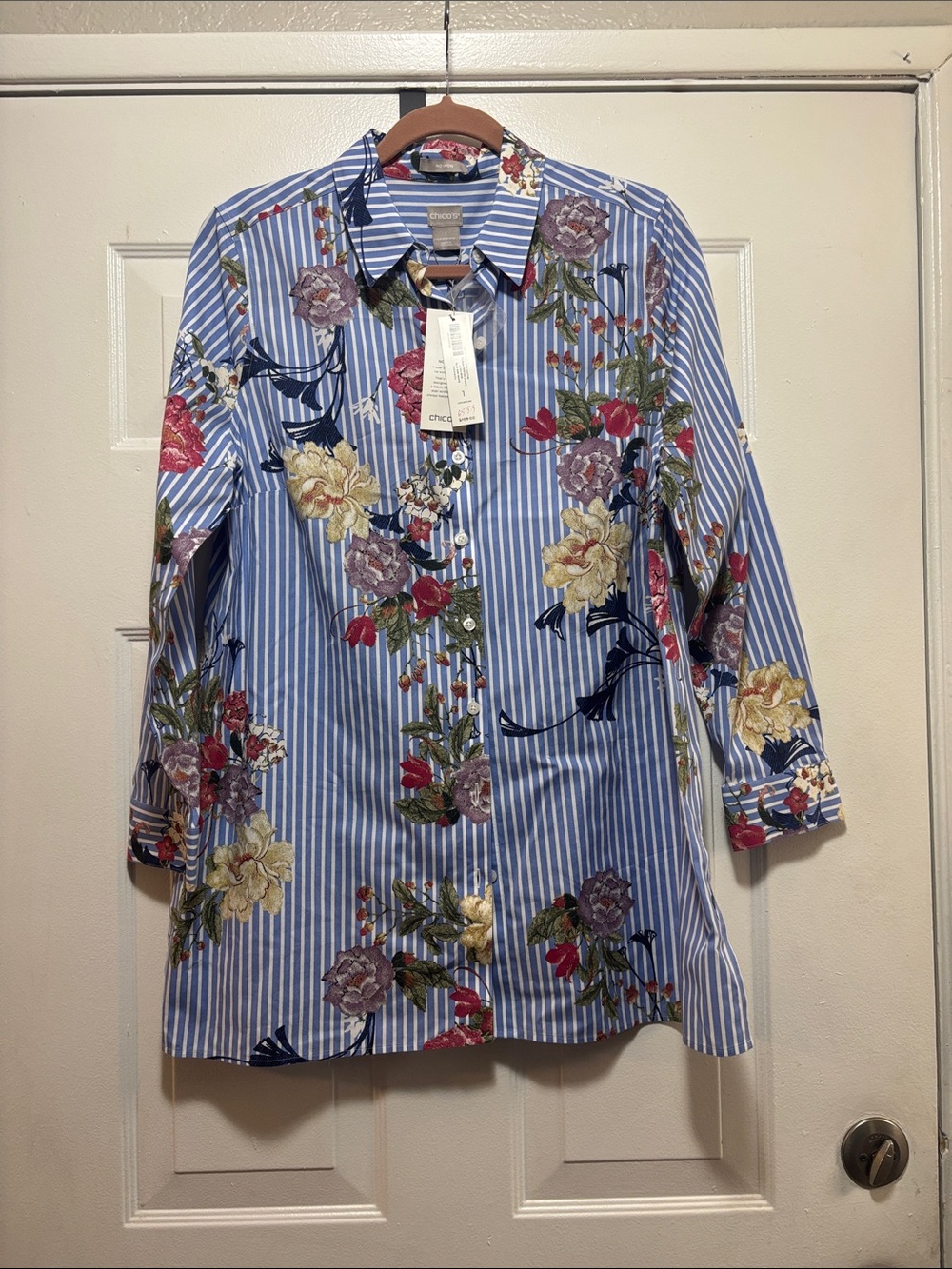 Chico's Blue & White Striped Floral Button-Down Shirt